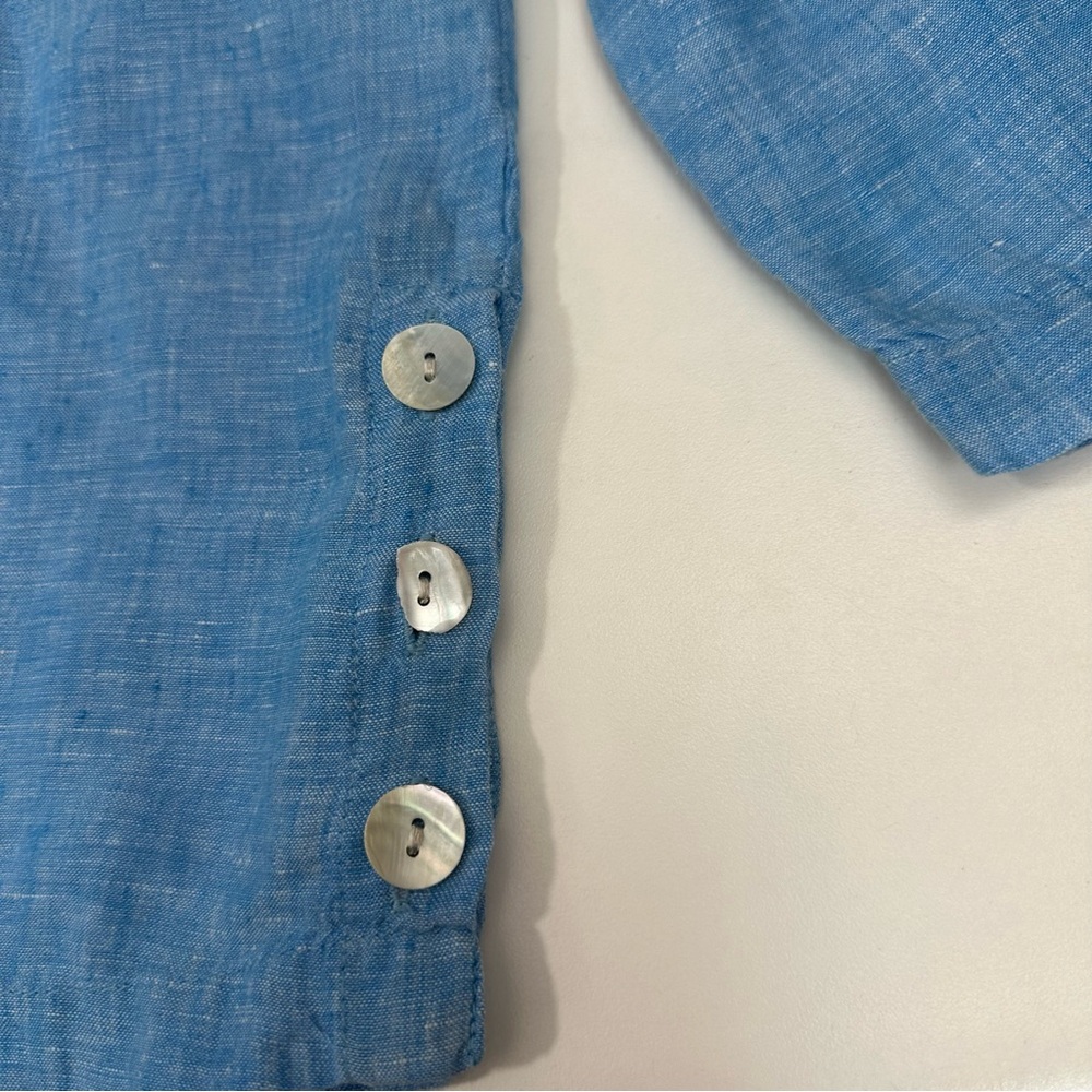 Tahari Top Blue Linen Collared V-neck 3/4 Sleeve Coastal Beachy Lightweight Sz L - Picture 8 of 12
